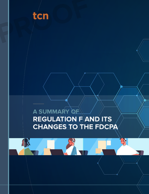 Stylized illustration of call center workers with the title of this whitepaper: FDCPA Debt Collection Rules Summary by TCN [Image by creator TCN from insideARM]