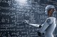 Robot standing up, writing on a black board full of mathematical formulas [Image by creator phonlamaiphoto from AdobeStock]