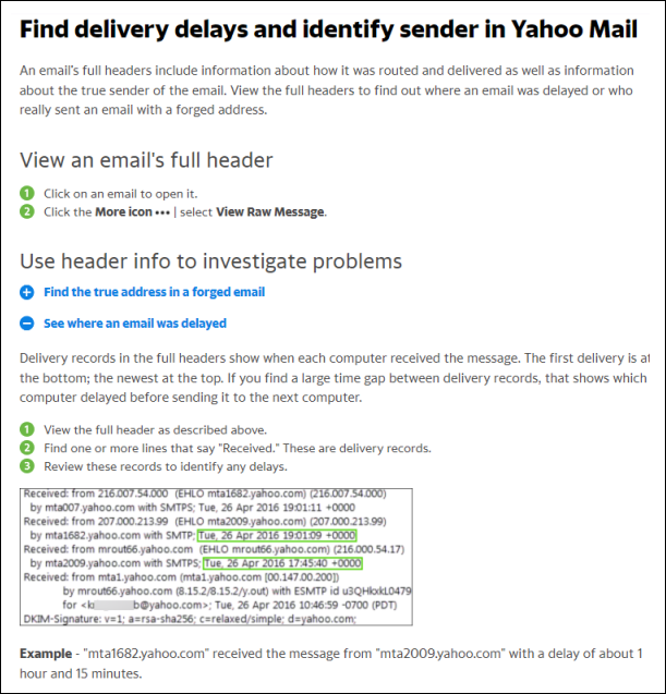 Screenshot. Yahoo. How to identify email delay time